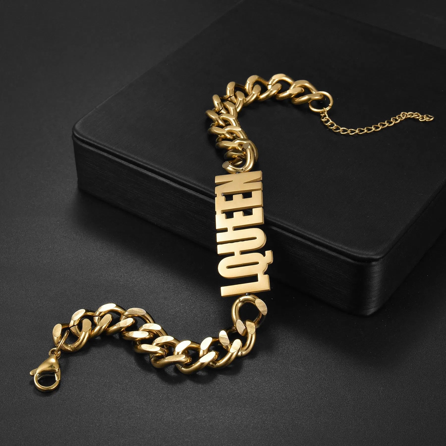 Metal Color: Black Zinc Plated, Length: 18.5cm, Main Stone Color: Orange - Atoztide Personalized Custom Name Bracelet for Women Men Stainless Steel 10mm Cuban Chain Nameplate Handmade Bangle Jewelry Gift