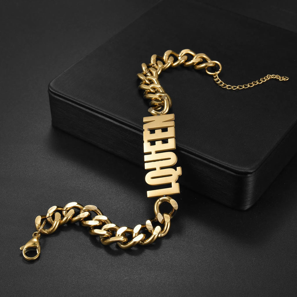 Metal Color: Steel color, Length: 21cm, Main Stone Color: Gold - Atoztide Personalized Custom Name Bracelet for Women Men Stainless Steel 10mm Cuban Chain Nameplate Handmade Bangle Jewelry Gift