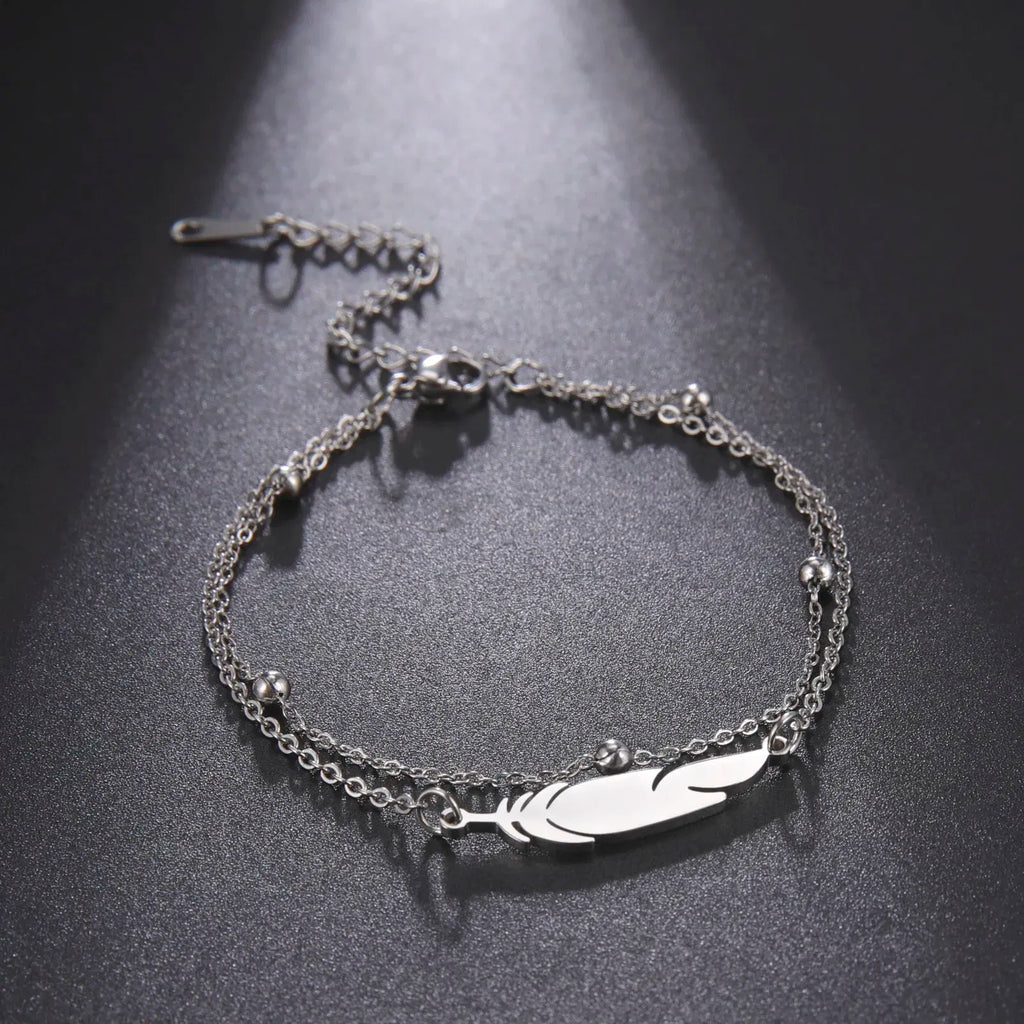 Metal Color: Antique Gold Plated - Kkjoy Ankles of Women Men Silver Color Feather Stainless Steel Double Foot Chain Beach Style Trendy Female Jewelry Accessories