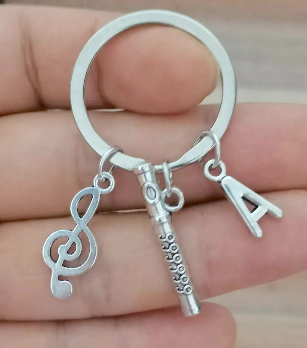 Color: WHITE - 26 Letter Flute Musical Instrument Keychain Music Lovers Key Ring