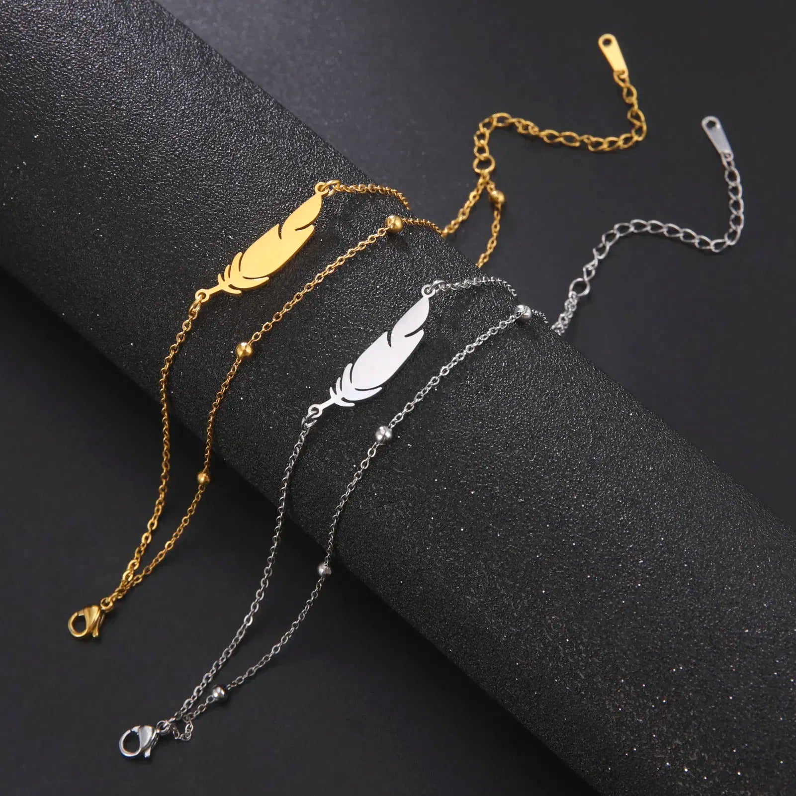 Metal Color: Antique Gold Plated - Kkjoy Ankles of Women Men Silver Color Feather Stainless Steel Double Foot Chain Beach Style Trendy Female Jewelry Accessories