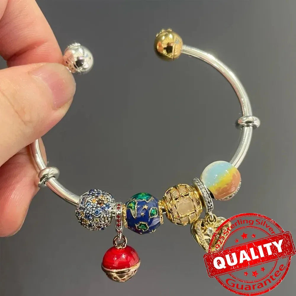 Gem Color: Black, Metal Color: Gold-color - Luxury 925 Sterling Silver Sun & Moon Open Bangle Women Cuff Bracelet For Gold DIY Charm Jewelry Set Accessories Gift Making