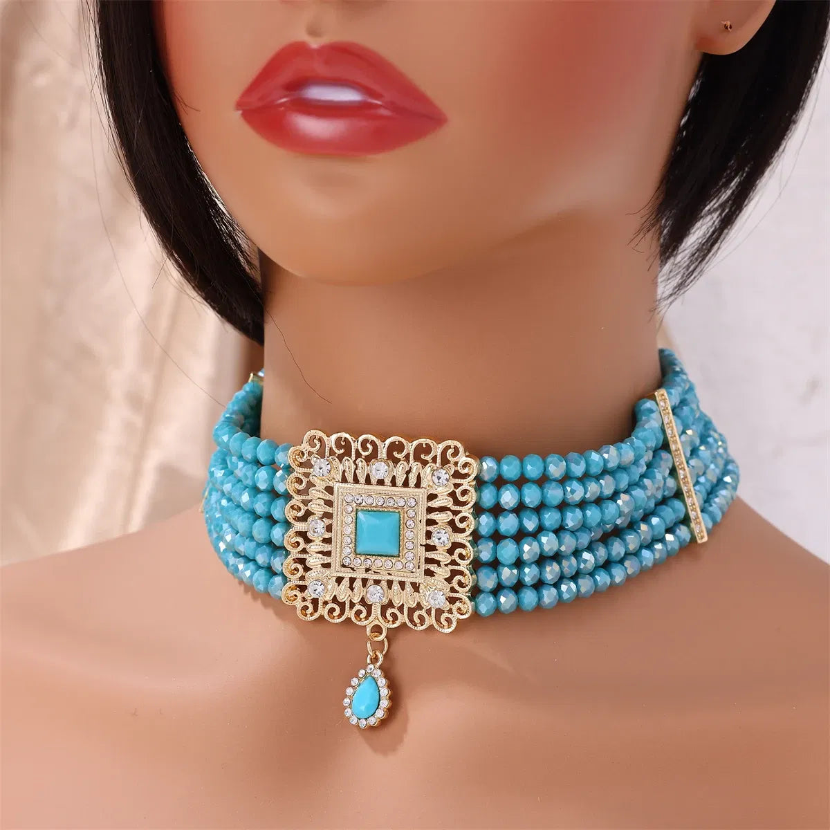 Metal color: Light Yellow Color - Hand Beaded Necklaces Water Drop Pendants Beaded Necklaces For Arab Brides
