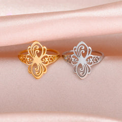 Main Stone Color: WHITE, Ring Size: 10 - Skyrim Filigree Ring Stainless Steel Gold Color Elegant Finger Rings Women Bohemian Jewelry Wedding Band Gift Wholesale