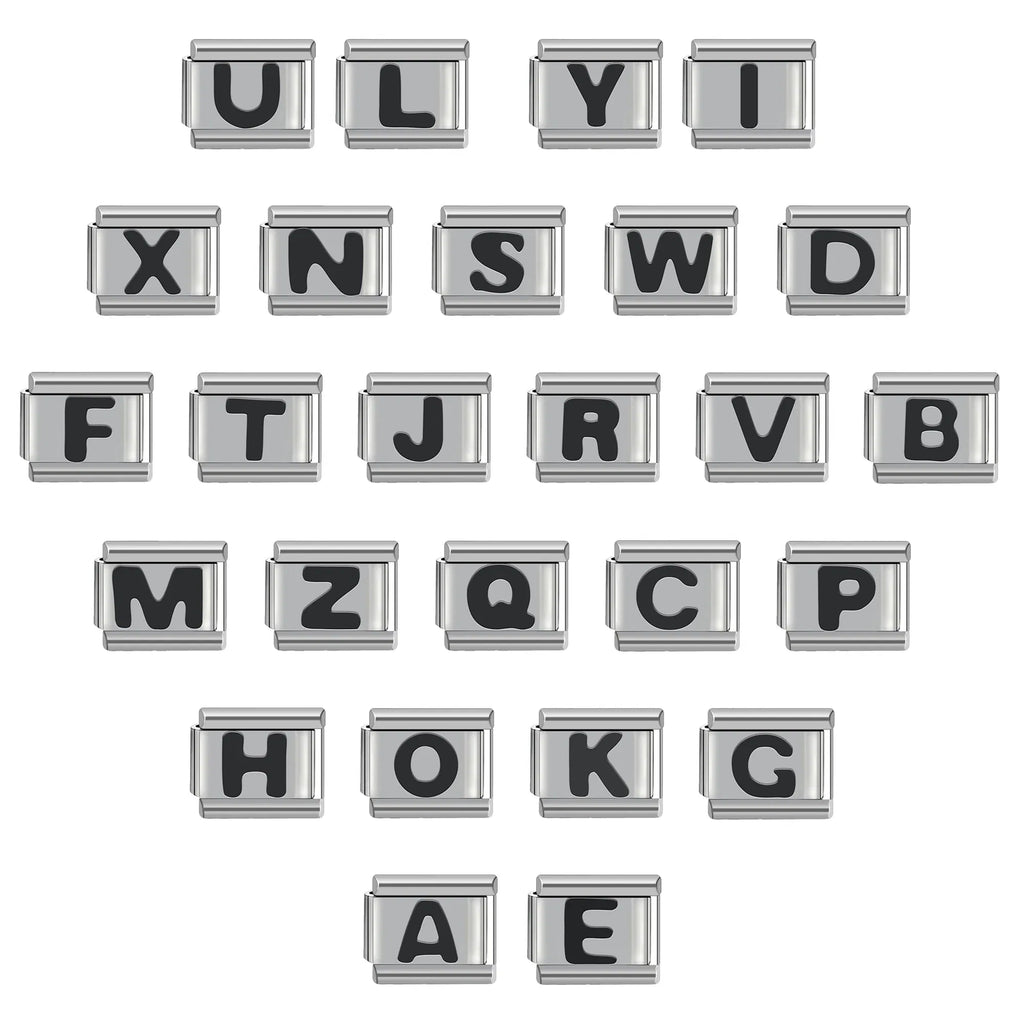 Metal Color: Antique Gold Plated - Black 26 Letter 9mm Diy Italian Charm Stainless Steel Bracelet
