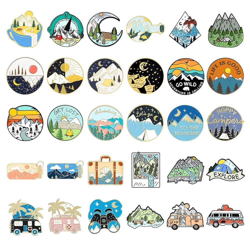 Metal color: RED - Travel Brooch Field Crossing Hiking Scenery Snow Scene Mountain Peak Alloy Clothing Accessories Backpack Brooch Badge Lapel Pins