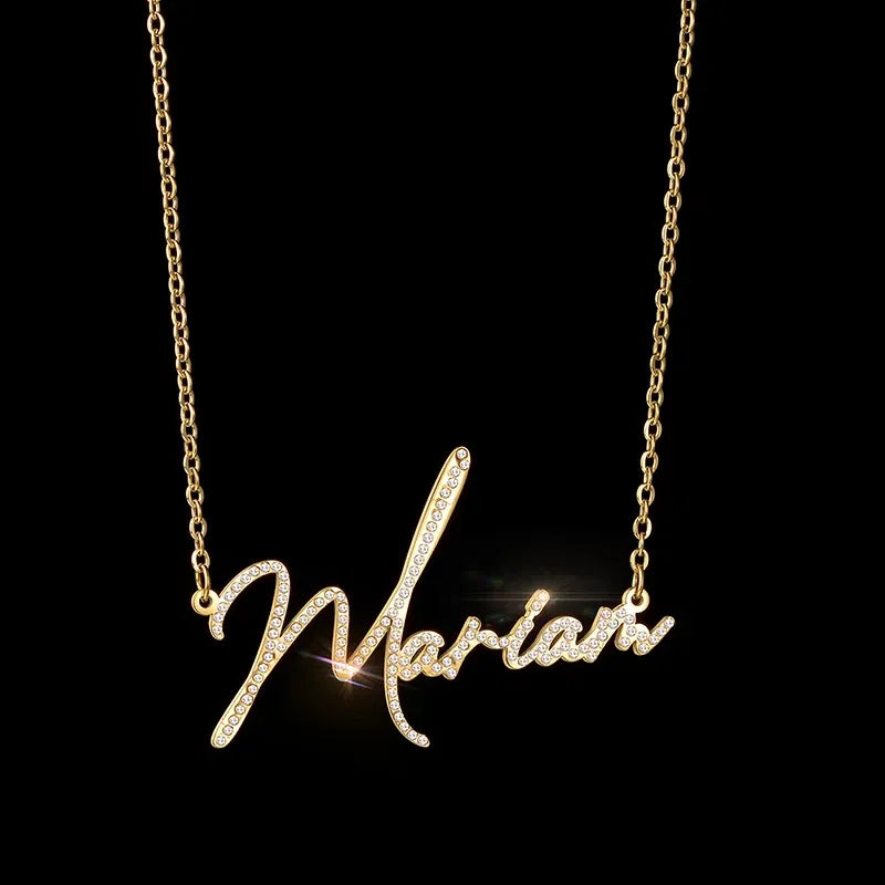 Metal Color: Rhodium Plated, Length: 45cm - Auxauxme Custom Crystal Zircon Name Necklace for Women Stainless Steel Personalized Nameplate Golden Pendant Choker Jewelry Gift