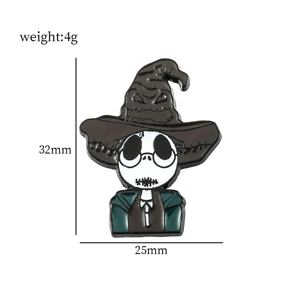 Skeleton character wearing a witch hat with measurements and weight information on a white background
