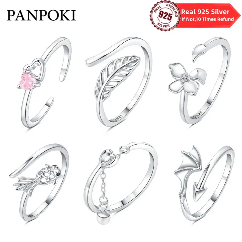 Gem Color: Blue - 2024 Charm 925 Sterling Silver Crystal Open Rings For Women Simple Adjustable Fashion Wedding Engagement Party Gifts Jewelry