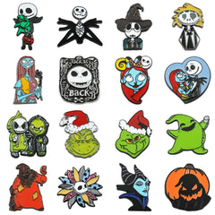 Collection of various cartoon character pins on a white background