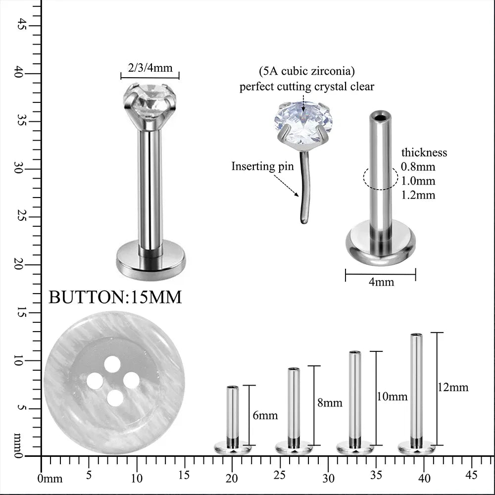 Metal color: Imitation Rhodium Plated, Ships From: CHINA, Main Stone Color: Fluorescent Green - 10PCS G23 Titanium Lip Ring Labret Piercing Stud Earring CZ 16/18/20G Push Pin Ear Tragus Cartilage Helix Conch Pierc?Jewelry
