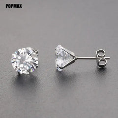 Metal Color: Gold-color, Main Stone Color: Blue - POPMAX 1Pairs/2Pcs Stainless Steel Crystal Studs Earrings For Women Men 4 Prong Tragus Round Clear Cubic Zirconia Ear Jewelry