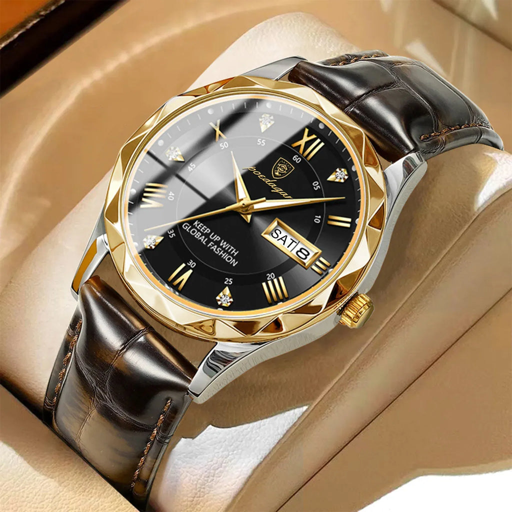Color: Pink - POEDAGAR Luxury Business Man Wristwatch Waterproof Luminous Date Week Men Watch For Men Quartz Clock Leather Men's Watches reloj