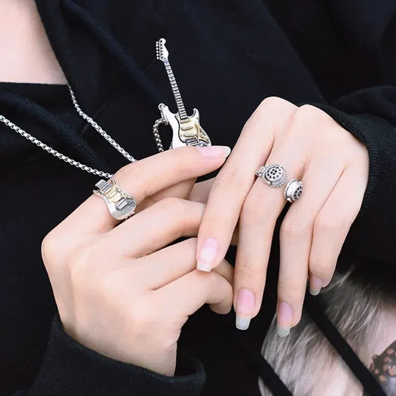 Metal Color: Rhodium Plated - Retro Punk Music Guitar Necklace for Men Personalized Gothic Pendant Fashion Hip Hop Rock Singer Jewelry Gift