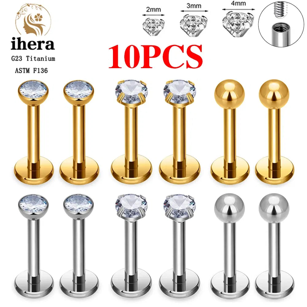Metal color: ROSE GOLD COLOR, Ships From: CHINA, Main Stone Color: black - 10PCS G23 Titanium Labret Piercing Lip Ring 16G F136 Internal Thread Nose Stud Earring Tragus Helix Cartilage Piercing Jewelry