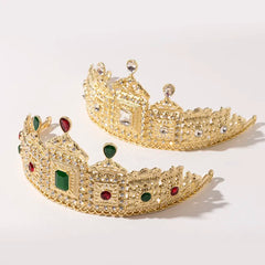 Metal color: Gold-color - LUIZADA European Princess Queen Round Headdress Moroccan Bride Crystal Crown King Bride Headdress Wedding Hair Accessories