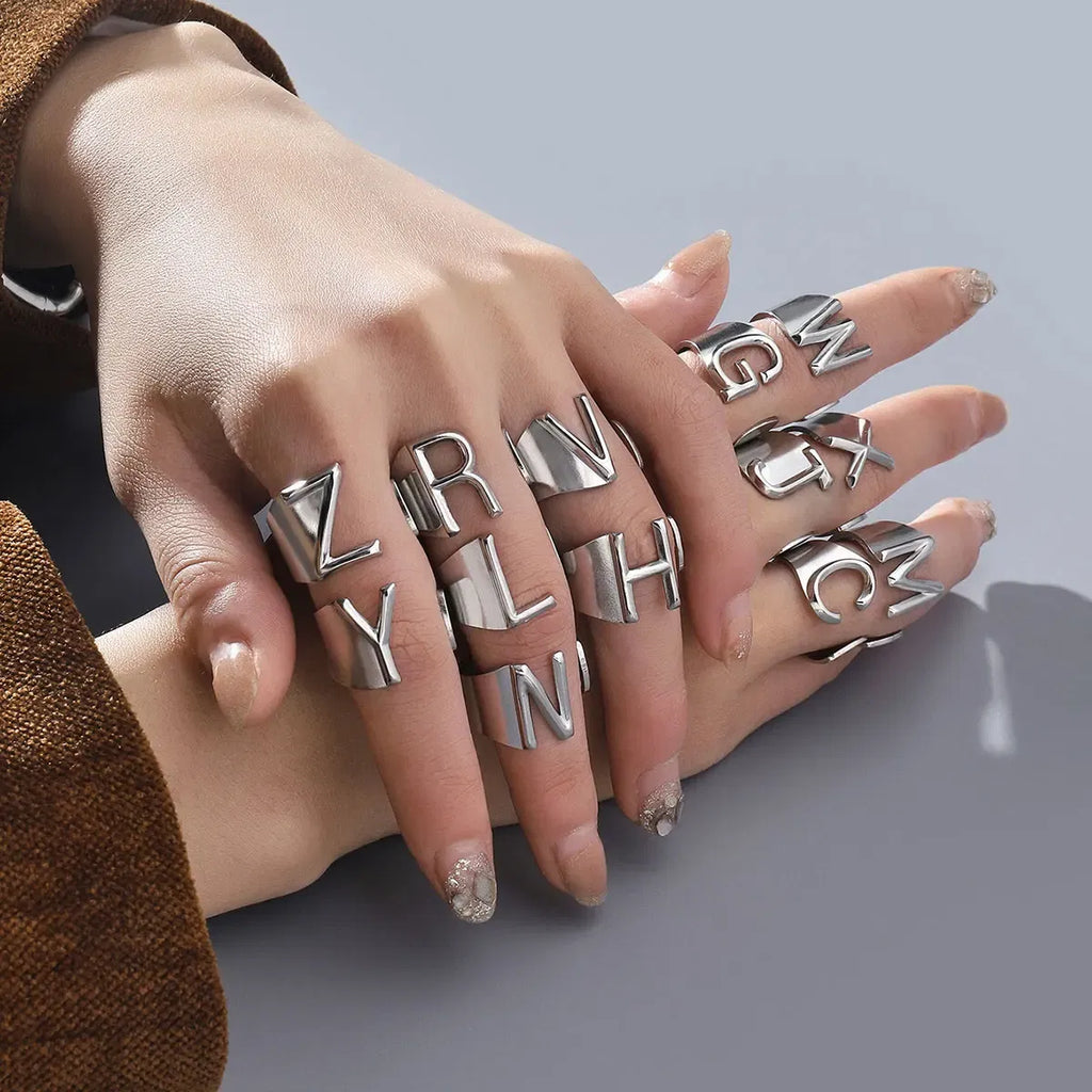 Metal Color: pink, Ring Size: resizable - LAViXMIA Alphabet A-Z Letter Never Fade Stainless Steel Rings Women Jewelry Fashion Initial Ring Adjustable Size Birthday Gifts