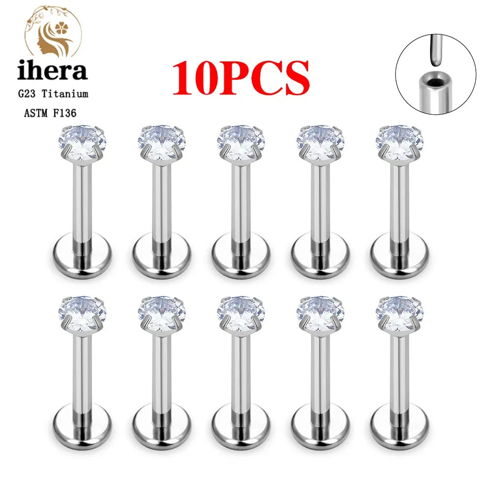 Metal color: Imitation Rhodium Plated, Ships From: CHINA, Main Stone Color: Fluorescent Green - 10PCS G23 Titanium Lip Ring Labret Piercing Stud Earring CZ 16/18/20G Push Pin Ear Tragus Cartilage Helix Conch Pierc?Jewelry