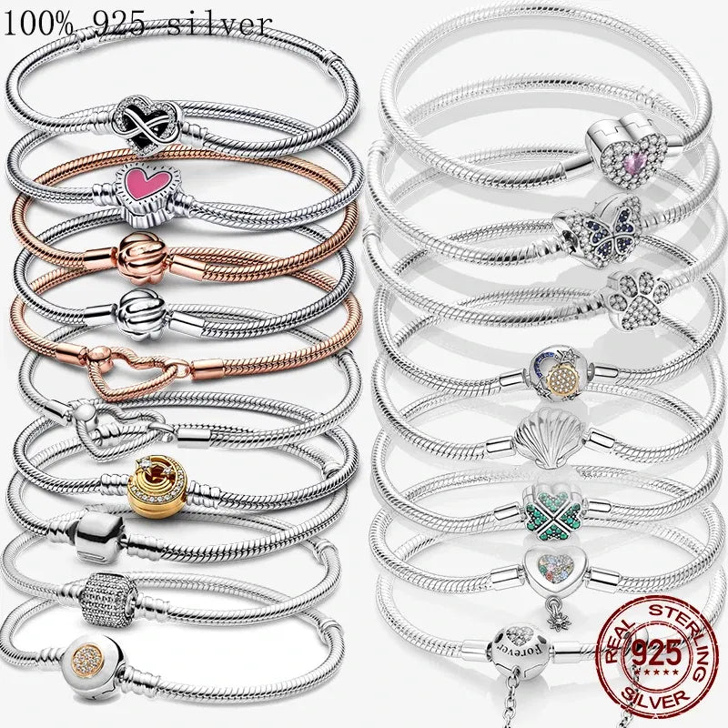 Gem Color: Fluorescent Green, Length: 20cm - 925 Silver Heart Snake Chain Bracelet For Women Infinite Knot Butterfly Infinity Clasp Femme Bracelet Bangles Jewelry Gift