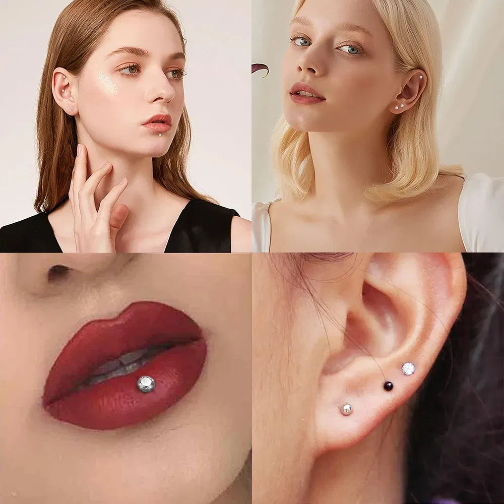 Metal color: ROSE GOLD COLOR, Ships From: CHINA, Main Stone Color: black - 10PCS G23 Titanium Labret Piercing Lip Ring 16G F136 Internal Thread Nose Stud Earring Tragus Helix Cartilage Piercing Jewelry