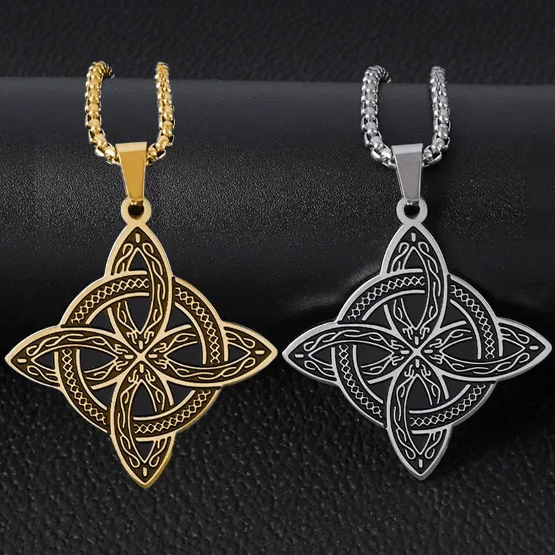 Metal Color: PURPLE - Stainless Steel Silver Color Pattern Witch Knot Pendant Necklace Celtic Knot Lucky Jewelry Gift for Friends Family