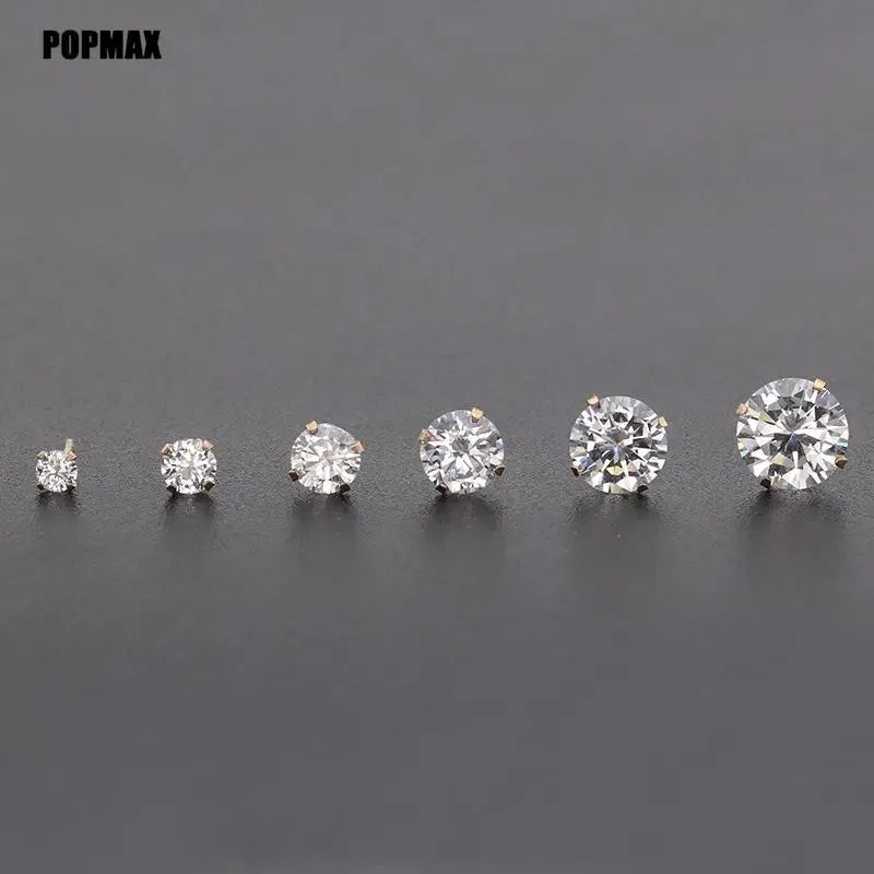 Metal Color: Gold-color, Main Stone Color: Blue - POPMAX 1Pairs/2Pcs Stainless Steel Crystal Studs Earrings For Women Men 4 Prong Tragus Round Clear Cubic Zirconia Ear Jewelry