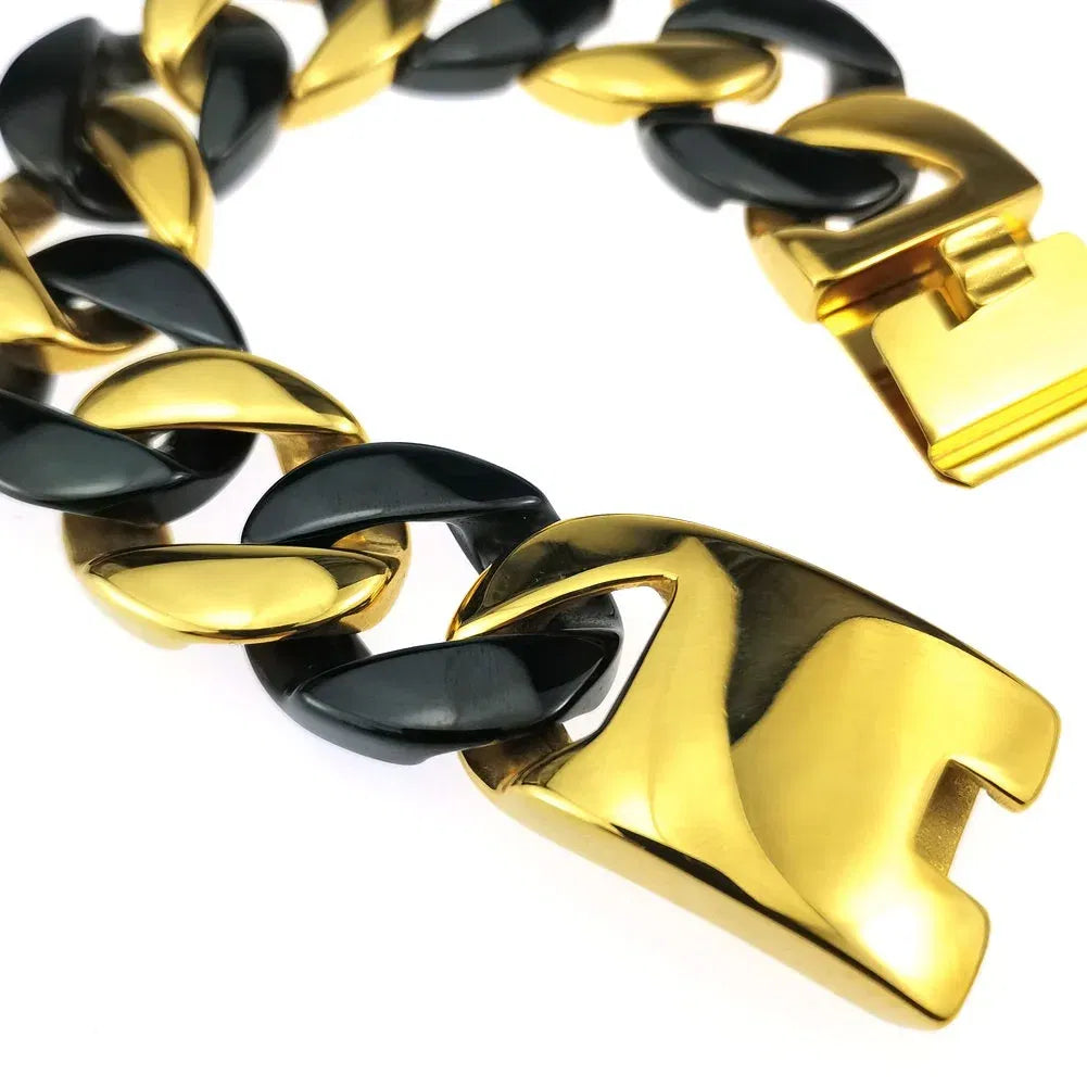 Length: 50cm, Main Stone Color: Black - 316L Stainless Steel  and Black Tone Curb 24mm Solid Heavy Long Necklace + Bracelet Jewelry