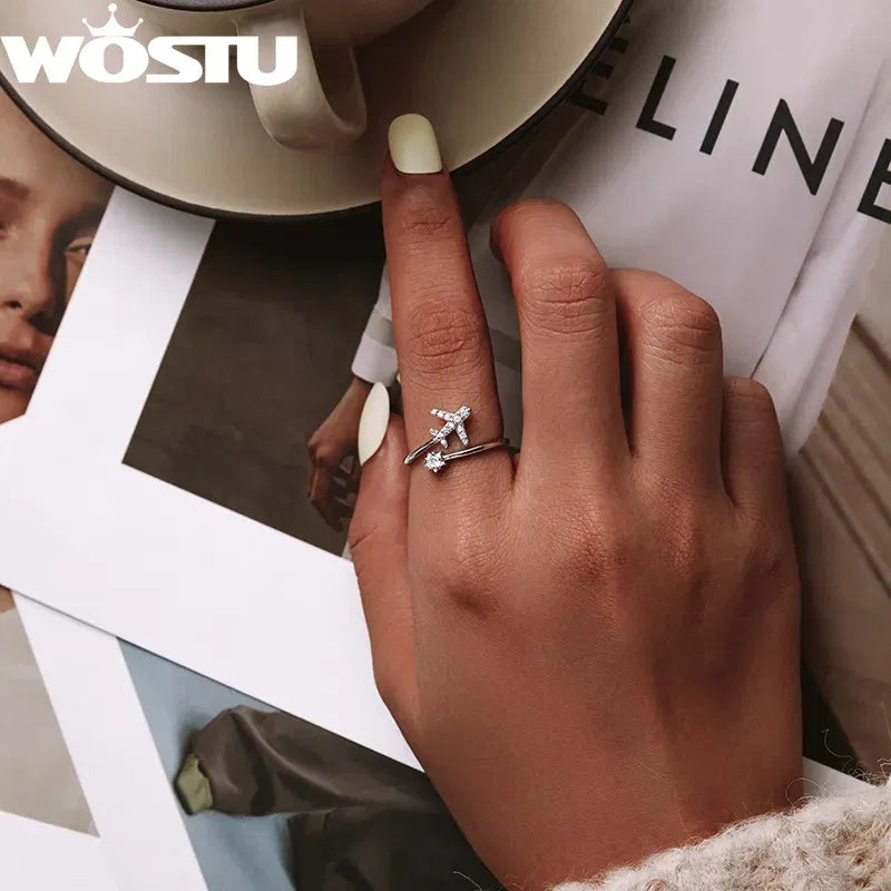 Gem Color: light brown, Ships From: CHINA - WOSTU Real 925 Sterling Silver Open Ring Finger Adjustable Size Wedding Rings For Women Engagement Fashion Silver Jewelry Gift