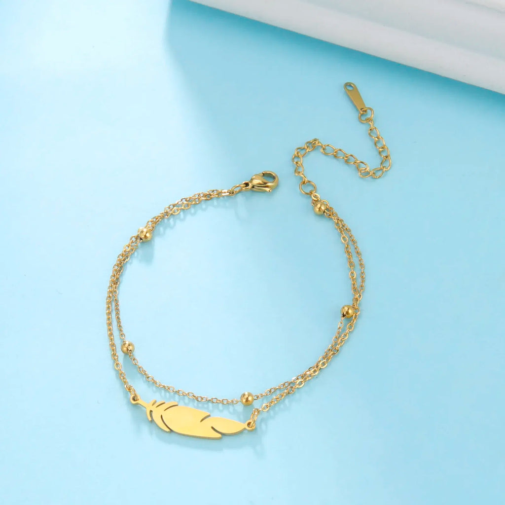 Metal Color: Titanium Plated - Kkjoy Ankles of Women Men Silver Color Feather Stainless Steel Double Foot Chain Beach Style Trendy Female Jewelry Accessories
