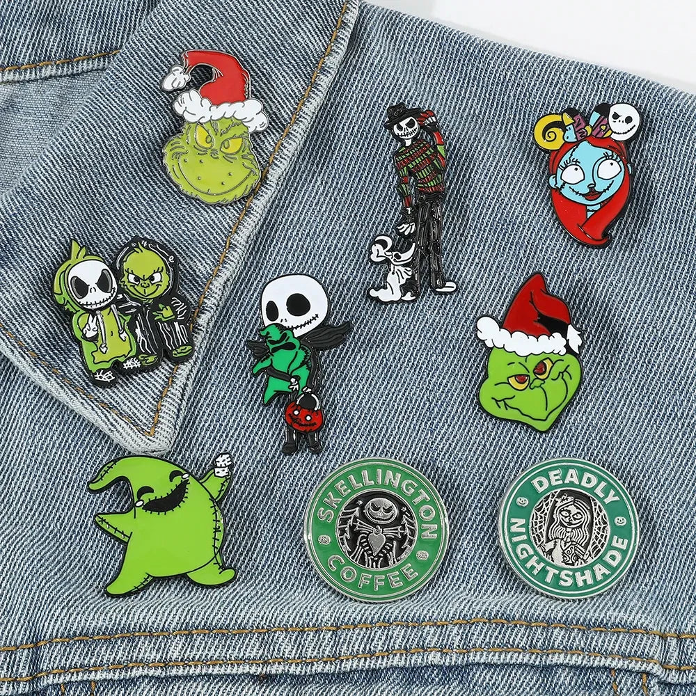 Collection of themed pins on a denim background