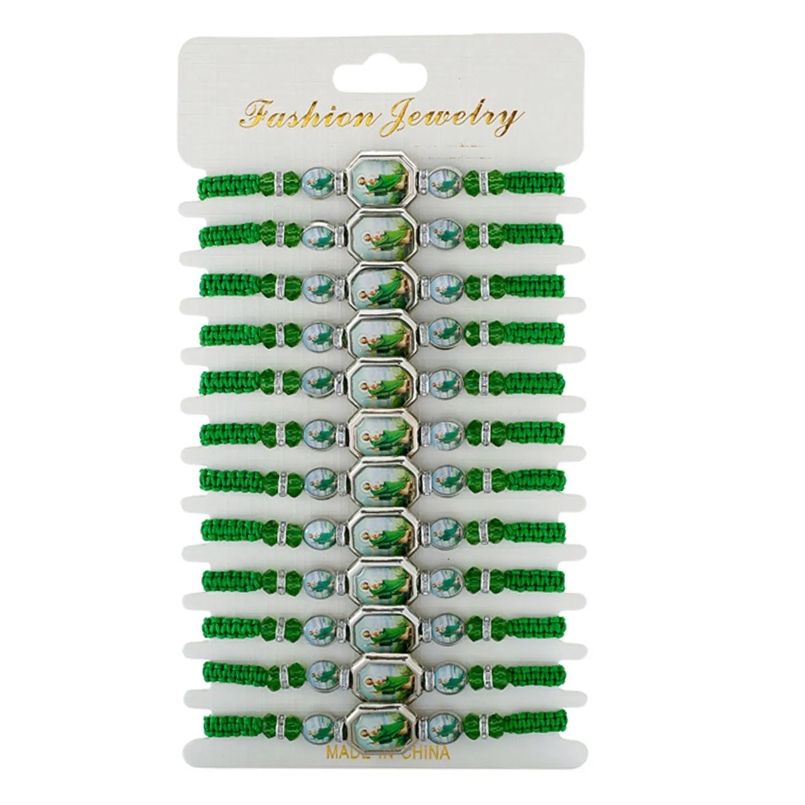 Metal Color: Vermeil - 12 Pieces Mexican Bracelets Saint Jude Bracelet Catholic Green Handmade String Bracelets San Judas Tadeo Rosary Bracelet Gift