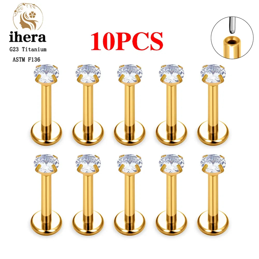 Metal color: Light Yellow Color, Ships From: CHINA, Main Stone Color: Silver - 10PCS G23 Titanium Lip Ring Labret Piercing Stud Earring CZ 16/18/20G Push Pin Ear Tragus Cartilage Helix Conch Pierc?Jewelry
