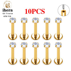 Metal color: Light Yellow Color, Ships From: CHINA, Main Stone Color: Pink - 10PCS G23 Titanium Lip Ring Labret Piercing Stud Earring CZ 16/18/20G Push Pin Ear Tragus Cartilage Helix Conch Pierc?Jewelry
