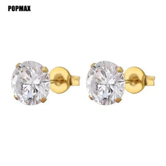 Metal Color: Gold-color, Main Stone Color: Blue - POPMAX 1Pairs/2Pcs Stainless Steel Crystal Studs Earrings For Women Men 4 Prong Tragus Round Clear Cubic Zirconia Ear Jewelry