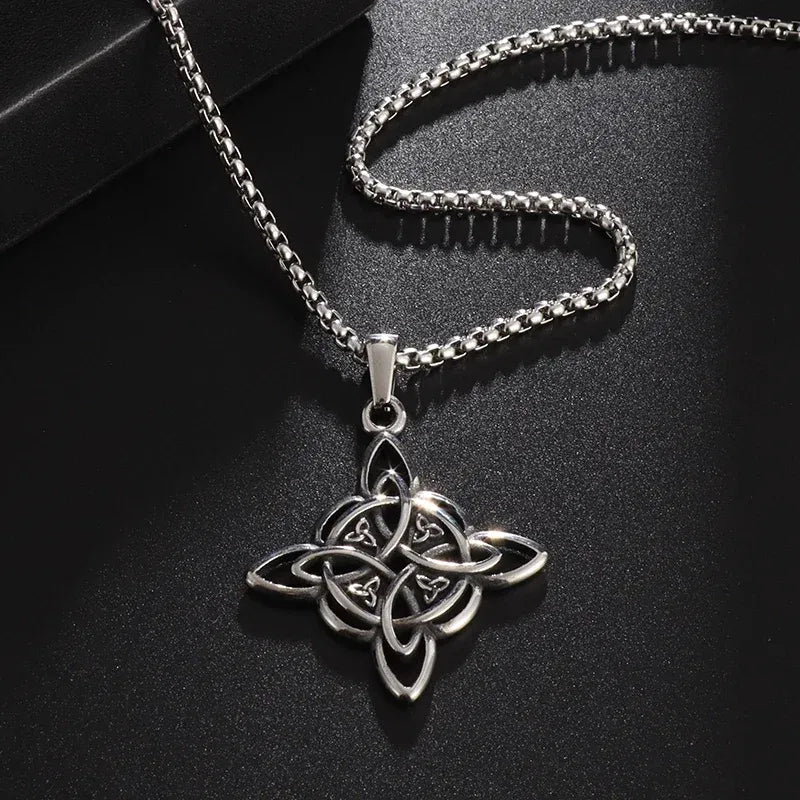 Metal color: Light Yellow Gold Color - Vintage Witch Knot Necklace Stainless Steel Magic Knot Pagan Wicca Symbol Pendant for Men Women Celtic Knot Jewelry Gifts