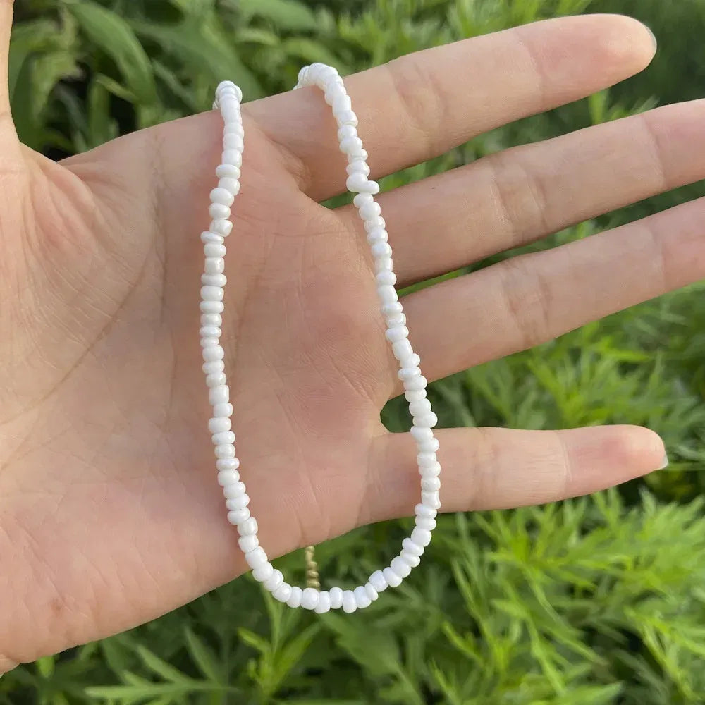 Metal Color: Rust Red - 2022 New Trend Colorful Rice Beads Necklace Bohemia Fashion Style Ladies Clavicle Chain Necklace Girls String Pearl Neck Jewelry