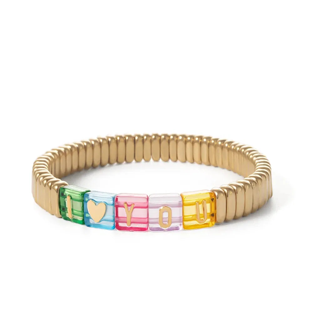 Metal Color: Hot Stamping, Ships From: CHINA - Wholesale Gold Silver Color Elastic Bracelets Handmade Letter Charms Bracelets For Women 2X8MM Beads Bracelets Bohemain Jewelry