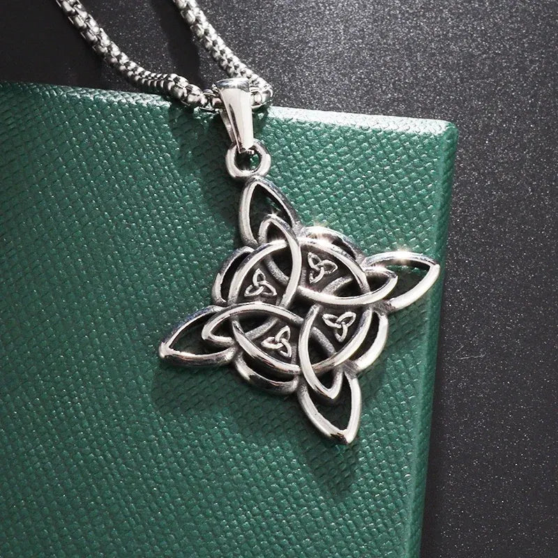 Metal color: Silver - Vintage Witch Knot Necklace Stainless Steel Magic Knot Pagan Wicca Symbol Pendant for Men Women Celtic Knot Jewelry Gifts
