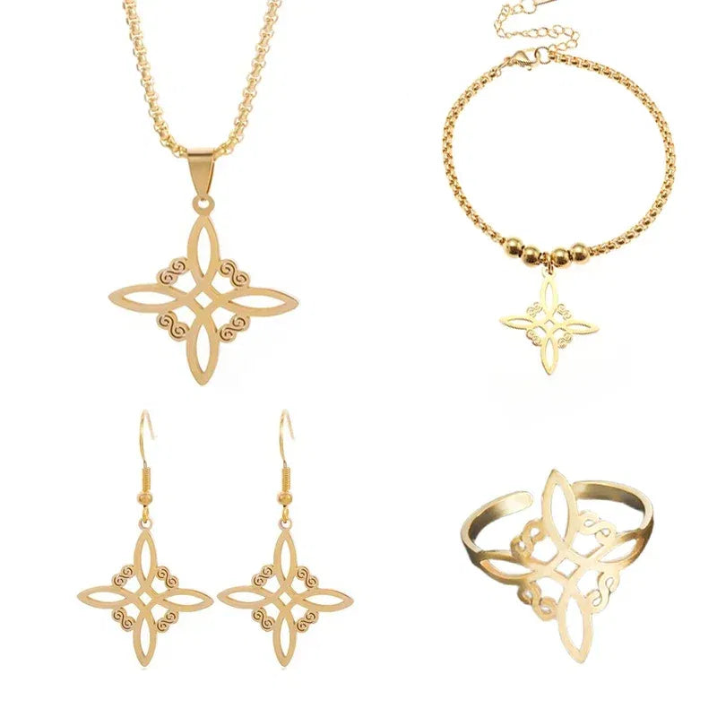 Metal color: Beige - Witch Knot Cuff Stainless Steel Pagan Witchcraft Symbols Magic Knot Women's Good Luck Amulet Bracelet Celtic Knot Bracelet