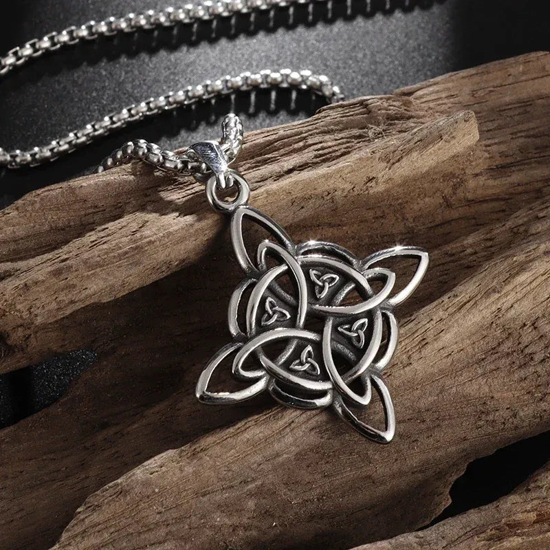 Metal color: Silver - Vintage Witch Knot Necklace Stainless Steel Magic Knot Pagan Wicca Symbol Pendant for Men Women Celtic Knot Jewelry Gifts