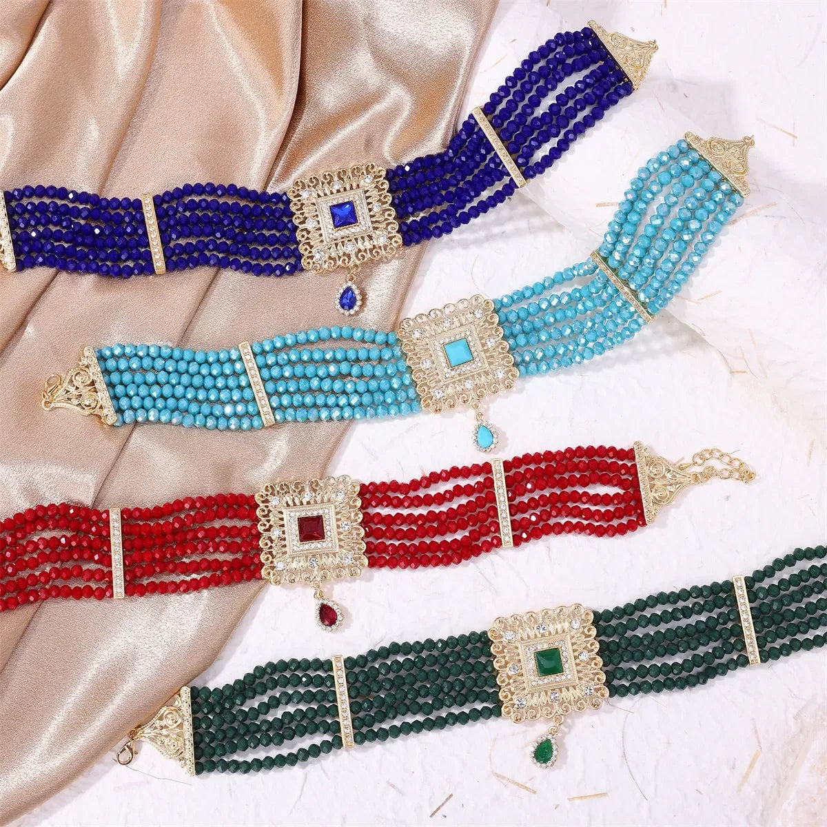 Metal color: Light Yellow Gold Color - Hand Beaded Necklaces Water Drop Pendants Beaded Necklaces For Arab Brides
