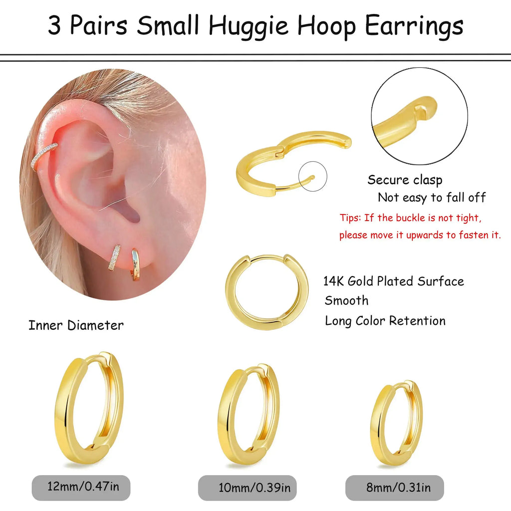 Metal Color: Antique Copper Plated - Vonmoos New Women 3 Pairs Small Earrings Lady Classic 14K Gold Hoop Fashion Tiny Huggie Hoop Earrings Set Hypoallergenic Earring