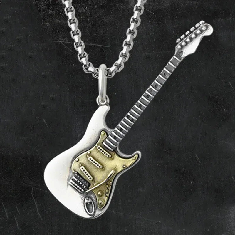 Metal Color: Rhodium Plated - Retro Punk Music Guitar Necklace for Men Personalized Gothic Pendant Fashion Hip Hop Rock Singer Jewelry Gift