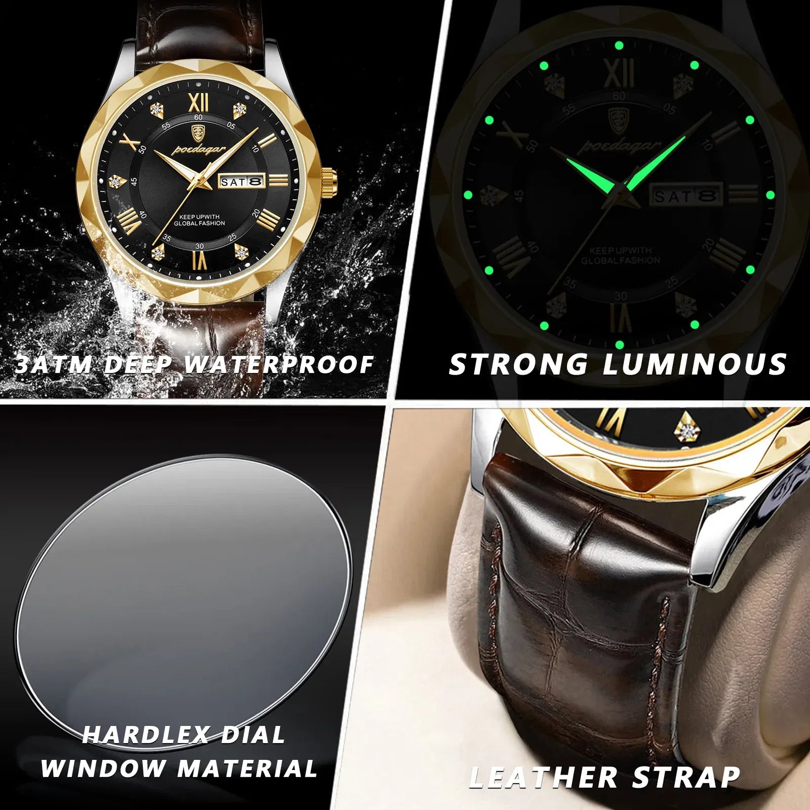 Color: Pink - POEDAGAR Luxury Business Man Wristwatch Waterproof Luminous Date Week Men Watch For Men Quartz Clock Leather Men's Watches reloj