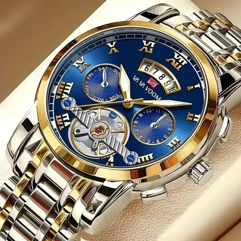 Luxury watch with blue face and gold accents on a beige background