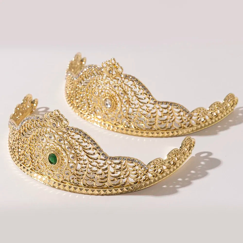Metal color: Gold-color - LUIZADA European Princess Queen Round Headdress Moroccan Bride Crystal Crown King Bride Headdress Wedding Hair Accessories