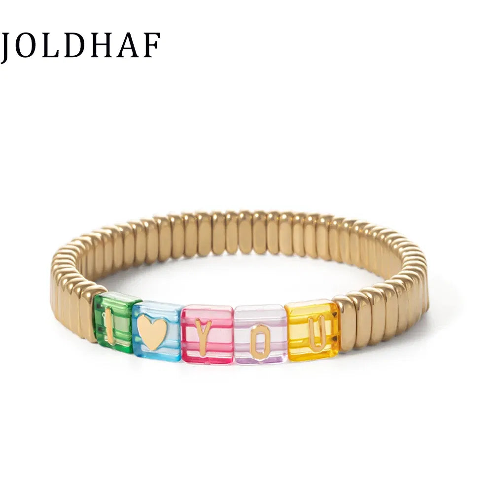 Metal Color: Hot Stamping, Ships From: CHINA - Wholesale Gold Silver Color Elastic Bracelets Handmade Letter Charms Bracelets For Women 2X8MM Beads Bracelets Bohemain Jewelry