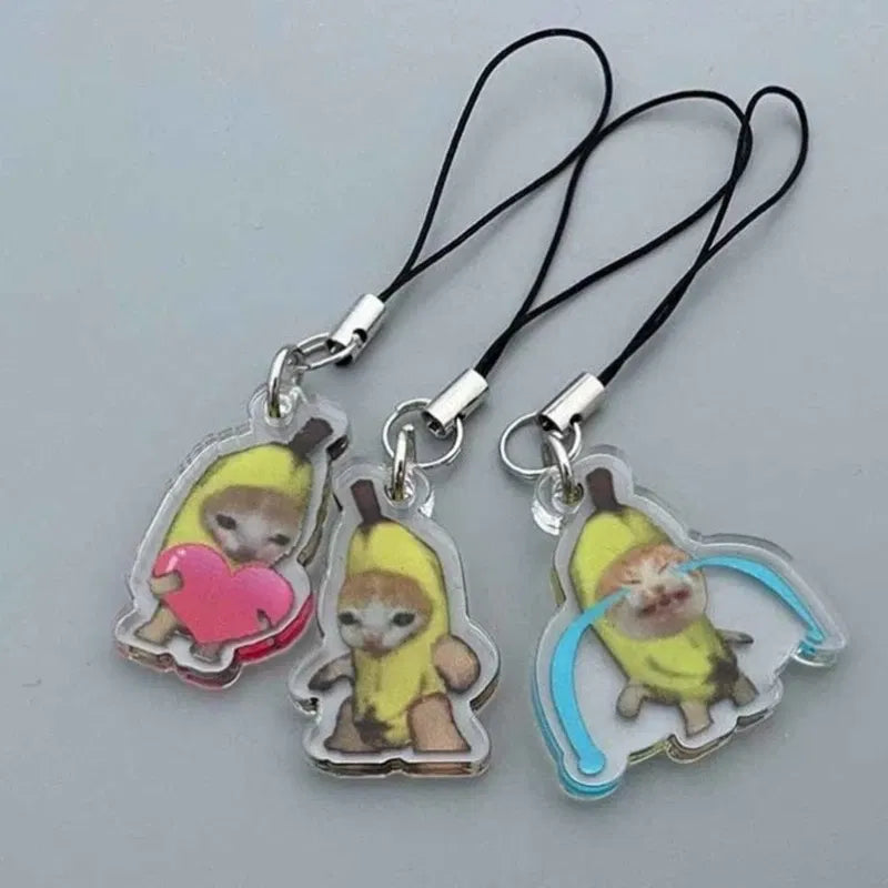 Color: green - Banana Cat Keychain for Students Funny Pendant Lanyard Decorations Cat Charm Phone Chain Anti-lost Strap Decors