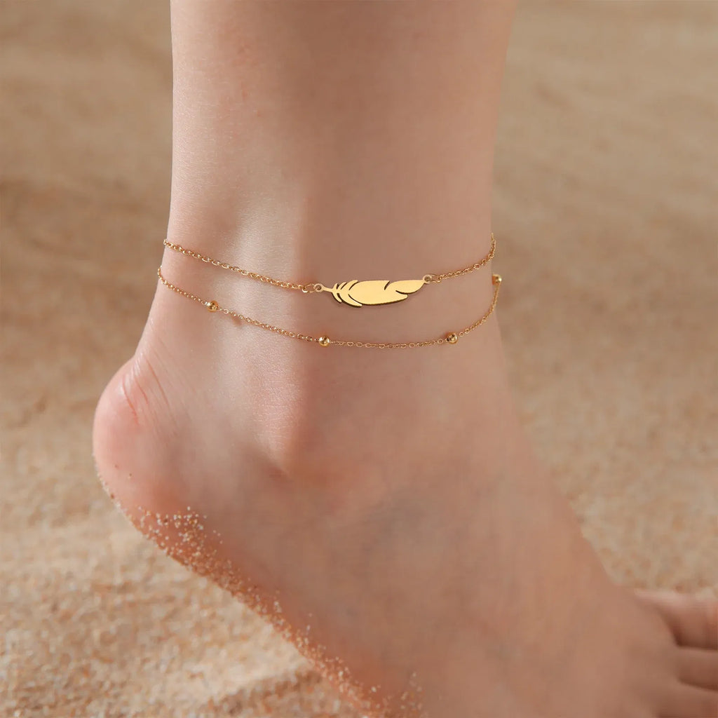 Metal Color: Titanium Plated - Kkjoy Ankles of Women Men Silver Color Feather Stainless Steel Double Foot Chain Beach Style Trendy Female Jewelry Accessories