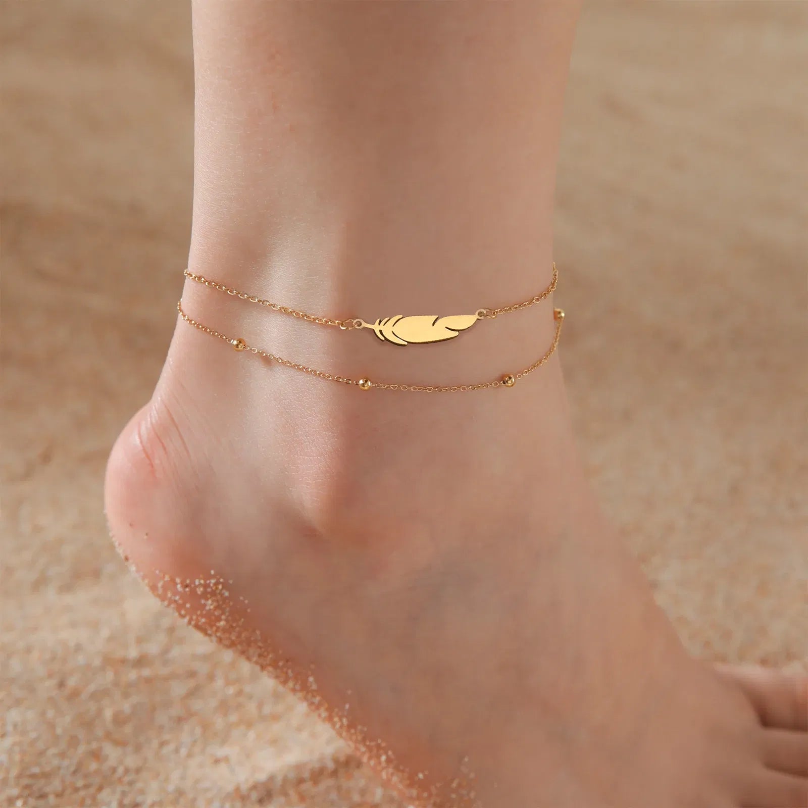 Metal Color: Titanium Plated - Kkjoy Ankles of Women Men Silver Color Feather Stainless Steel Double Foot Chain Beach Style Trendy Female Jewelry Accessories